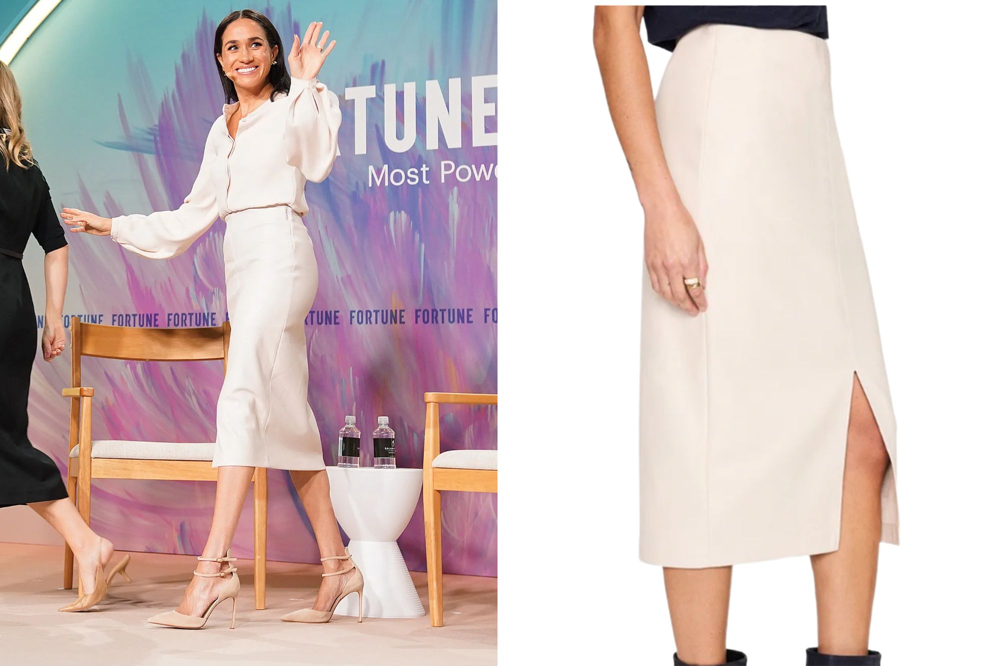 An image collage containing 2 images, Image 1 shows Alyson Shontell and Meghan Markle on stage during Fortune Most Powerful Women Summit 2025, Image 2 shows A woman wearing a beige mid-length skirt with a slit