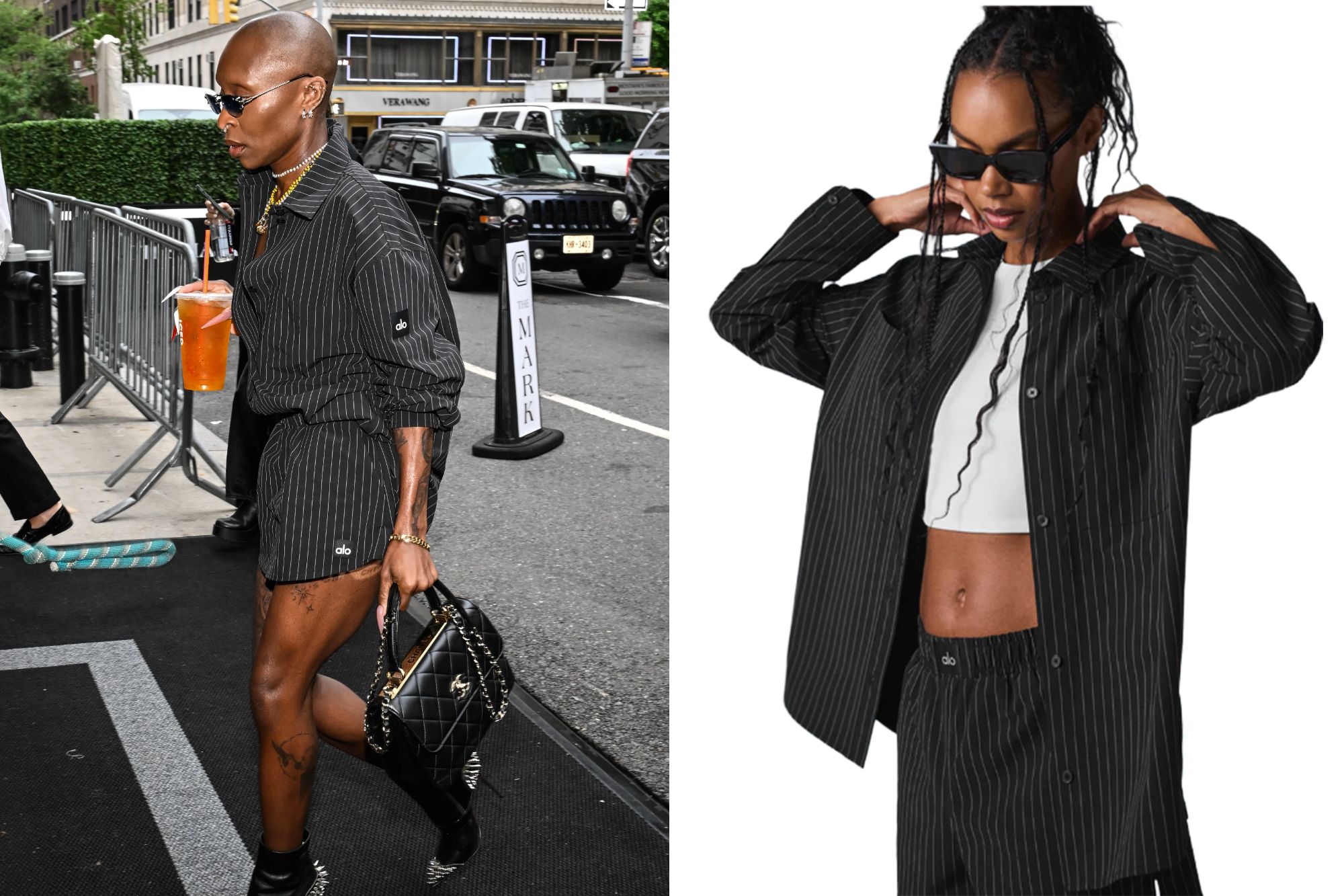 Collage of a bald person holding a drink while walking, and a model wearing the same pinstriped button-down shirt and shorts.