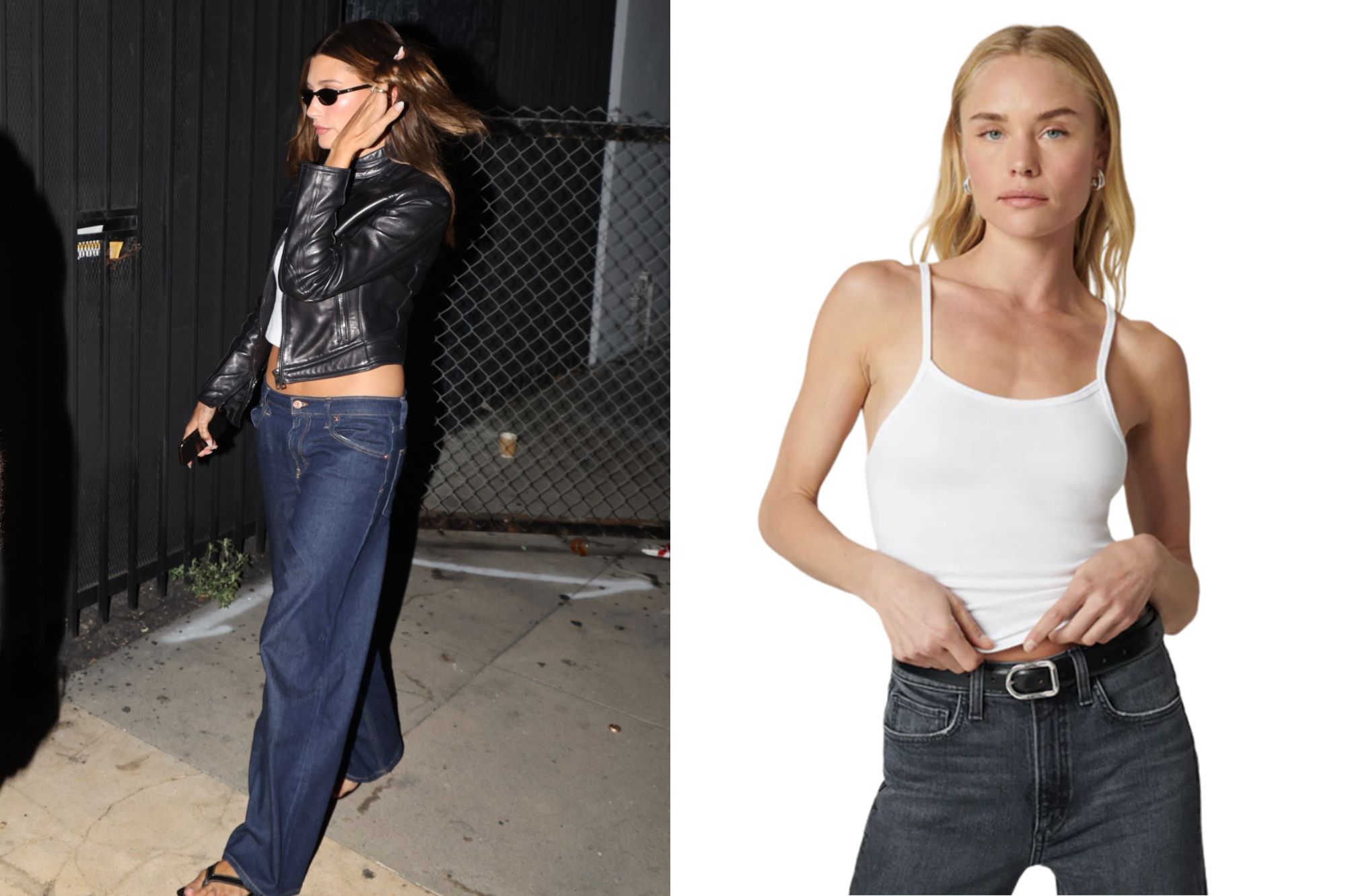 An image collage containing 2 images, Image 1 shows Hailey Bieber in a black leather jacket, white top, baggy jeans, and black sunglasses walking casually, Image 2 shows Woman in a white tank top and dark jeans