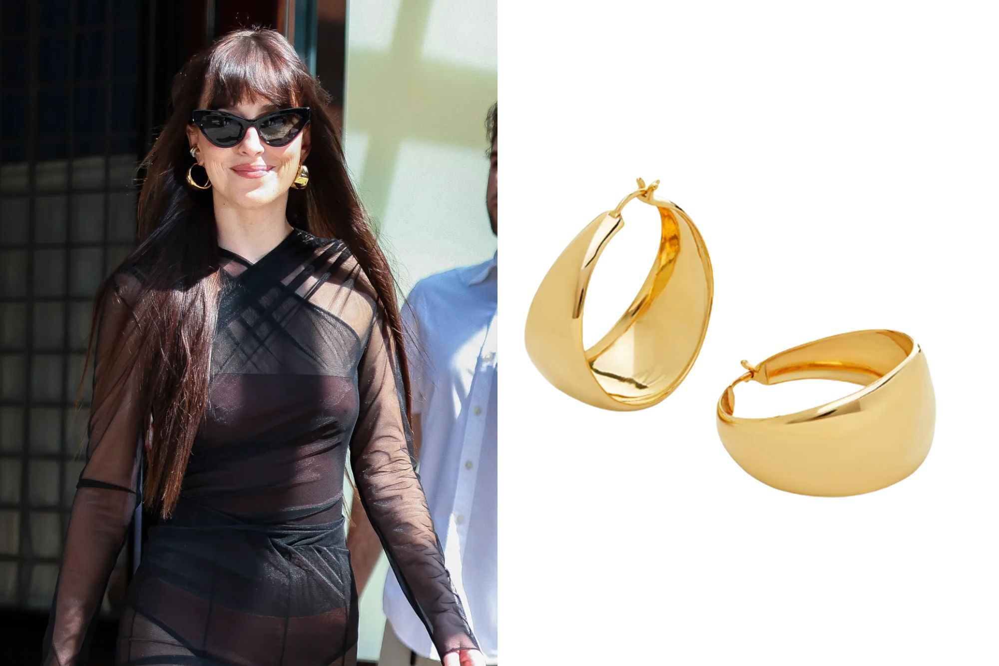 An image collage containing 2 images, Image 1 shows Dakota Johnson in a black sheer dress with a brown handbag, exiting a building, Image 2 shows Two gold-toned hoop earrings