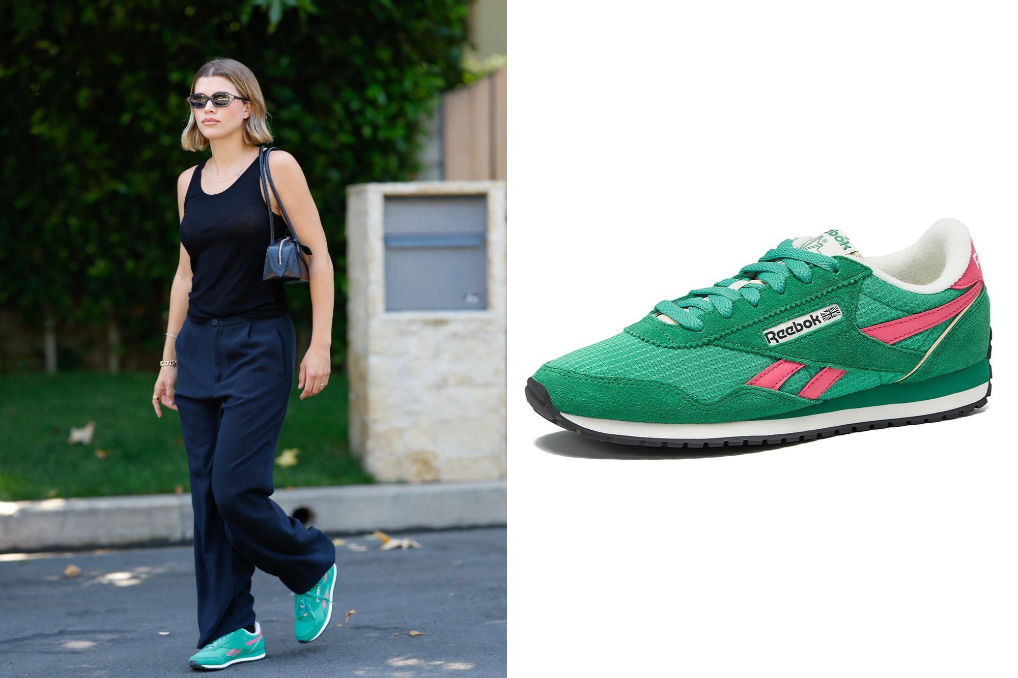 An image collage containing 2 images, Image 1 shows Sofia Richie Grainge in a black tank top, dark pants, and green sneakers, Image 2 shows Reebok classic nylon sneakers in green and pink