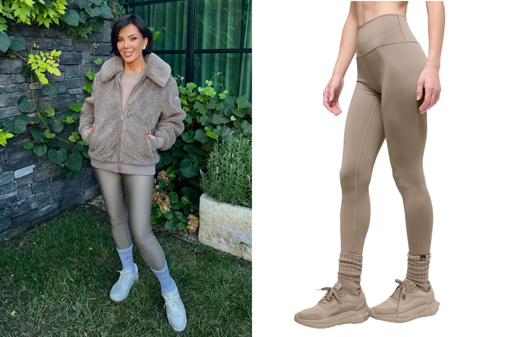 An image collage containing 2 images, Image 1 shows Kris Jenner wearing Alo Yoga brown sherpa jacket, taupe leggings, and white sneakers, Image 2 shows A woman wearing tan-colored leggings, sneakers, and scrunched socks stands in profile