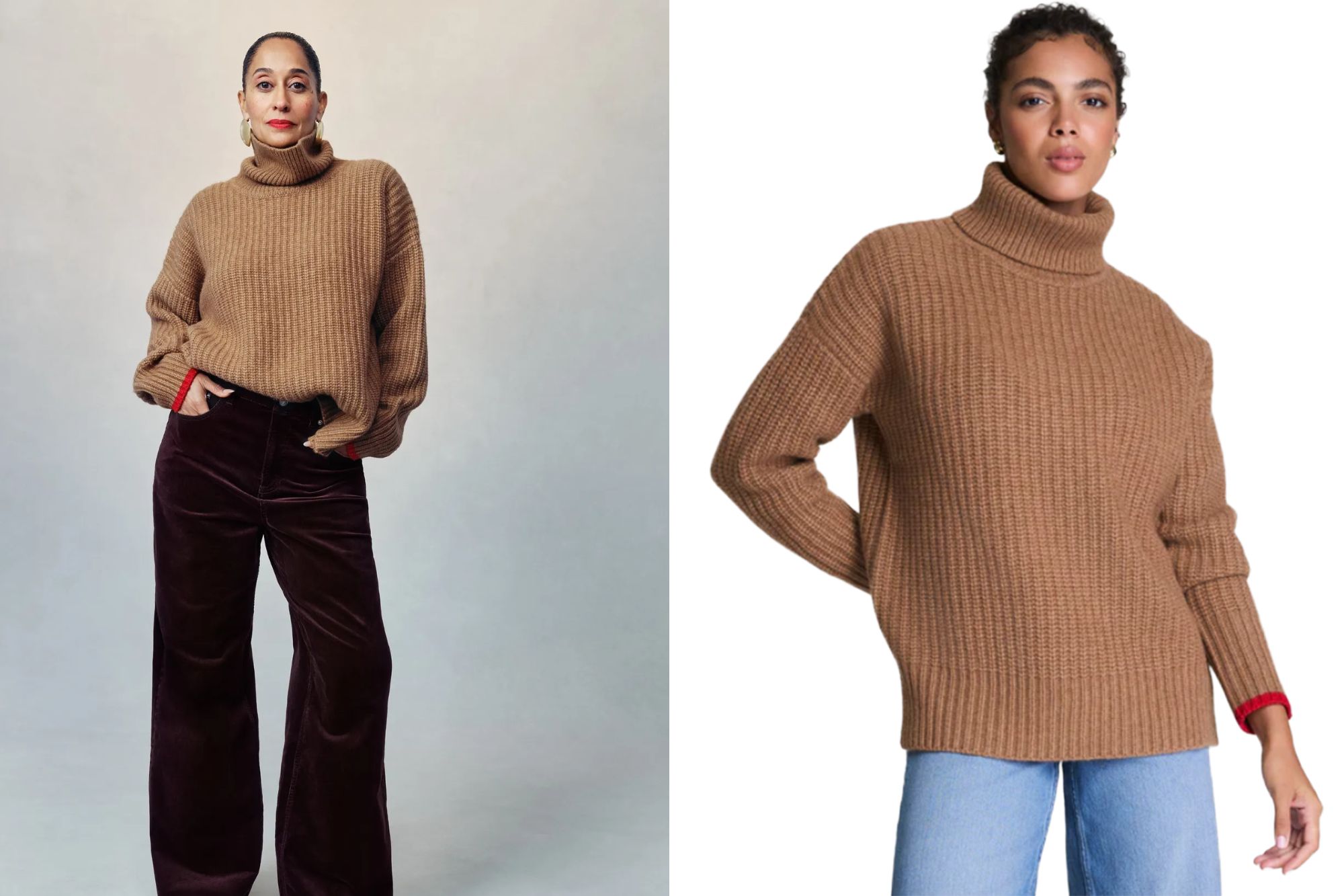An image collage containing 2 images, Image 1 shows Tracee Ellis Ross in a Laligne NYC and SPANX cashmere and wool-blend sweater and SPANX Corduroy, Image 2 shows A woman wearing a brown turtleneck sweater and jeans
