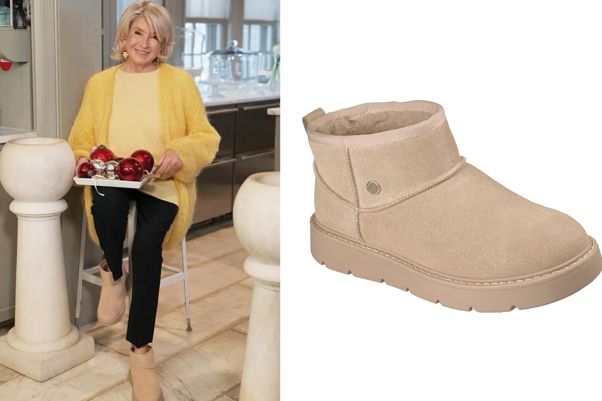 An image collage containing 2 images, Image 1 shows Martha Stewart in a yellow sweater and cardigan, black pants, and tan Skechers x Martha Stewart booties, holding a tray of red and silver ornaments, Image 2 shows Single tan suede ankle boot with a beige fur lining and ridged sole