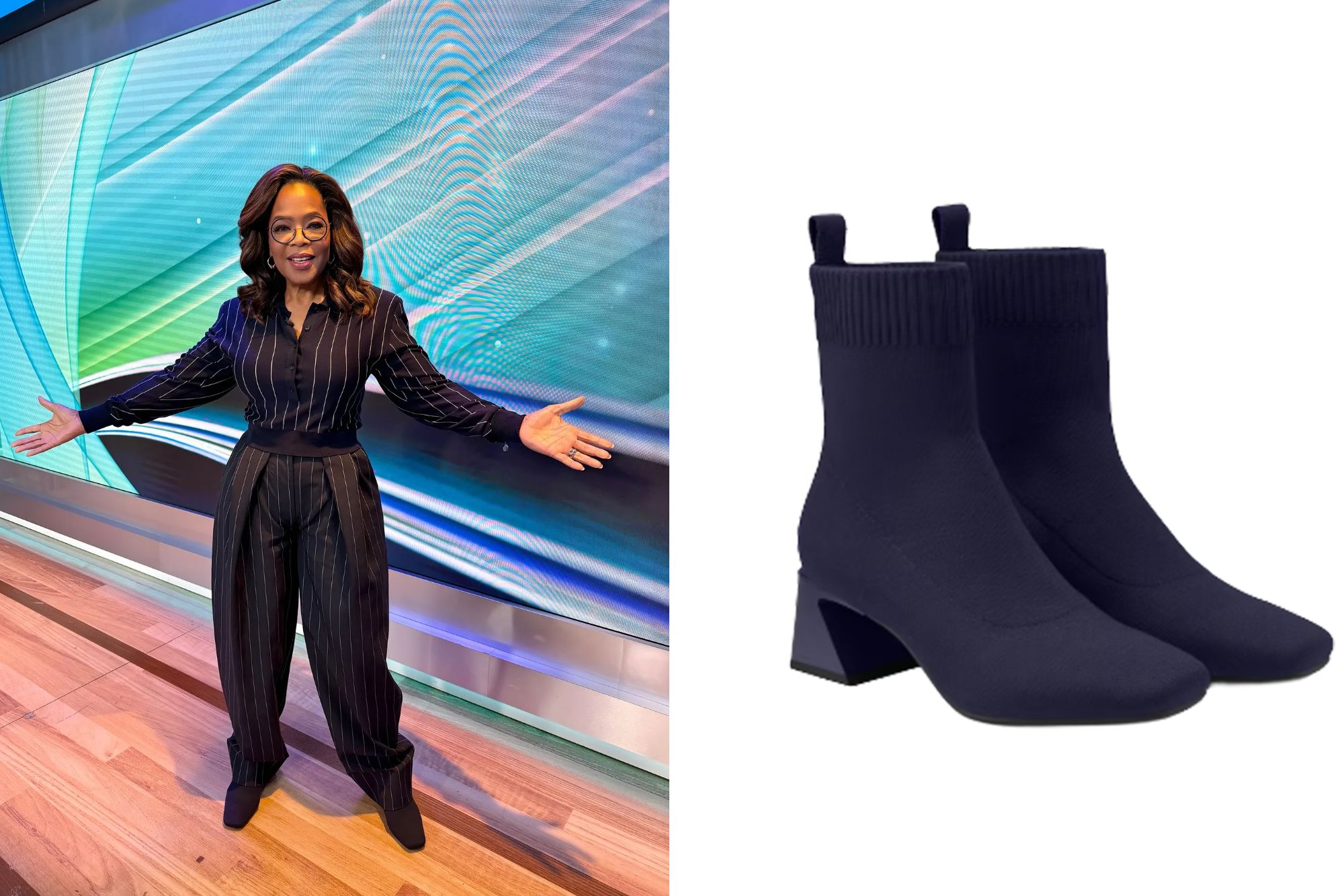 Collage of Oprah in a pinstripe suit and a pair of navy blue ankle boots.