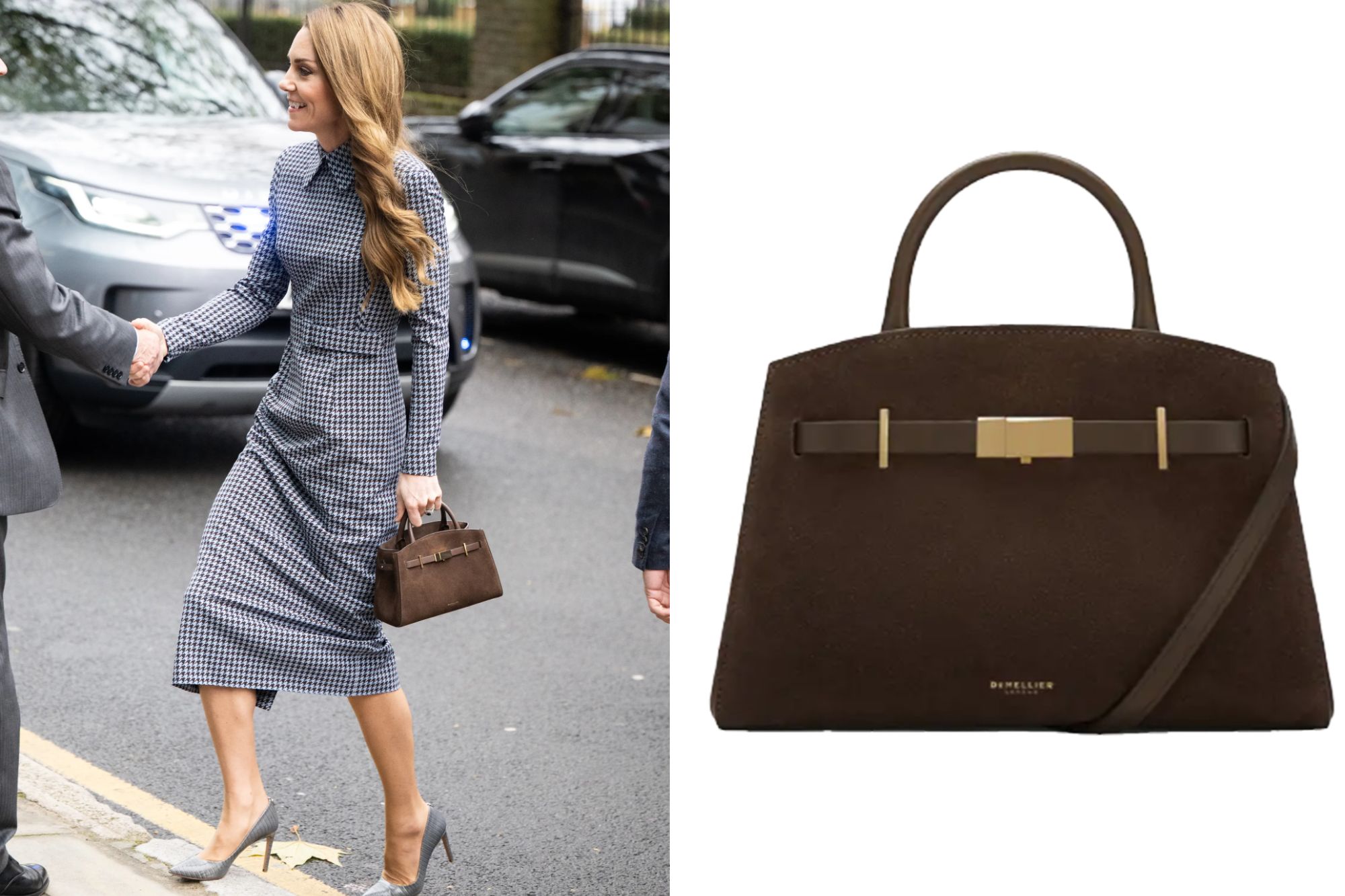 An image collage containing 2 images, Image 1 shows Catherine, Princess of Wales, in a black and white houndstooth dress, shaking hands, Image 2 shows A brown suede handbag with a dark brown strap and gold buckle