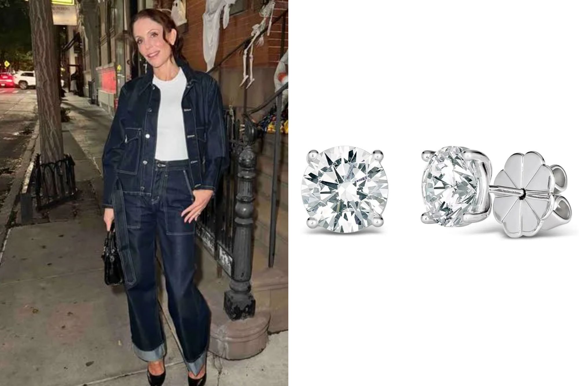 An image collage containing 2 images, Image 1 shows Bethenny Frankel posing in a denim outfit at night, with Halloween decorations in the background, Image 2 shows A pair of diamond stud earrings with silver settings and backings