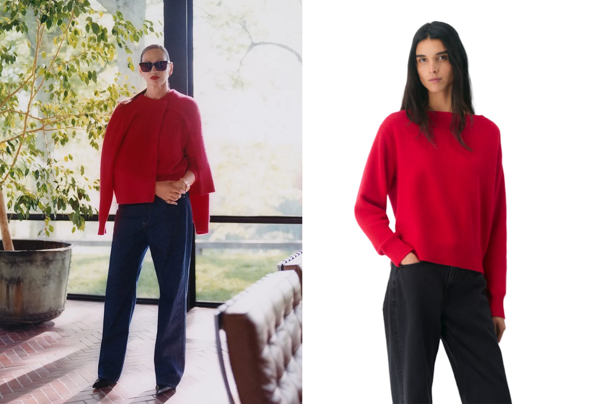 An image collage containing 2 images, Image 1 shows Jenna Lyons wearing sunglasses, a red sweater, and jeans in a brightly lit room, Image 2 shows Woman wearing a red crewneck sweater and black jeans