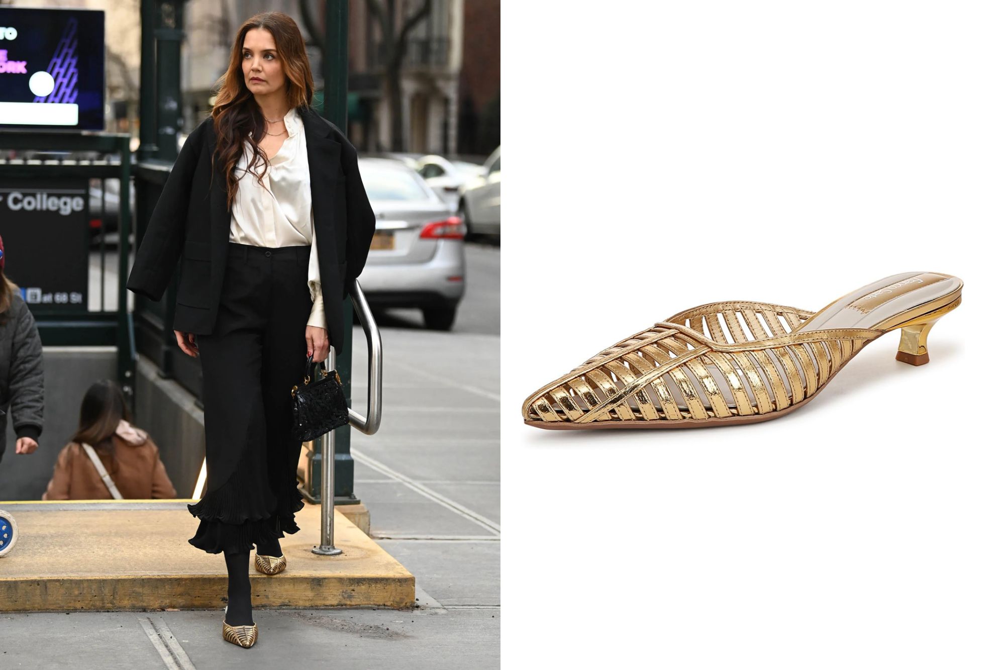 An image collage containing 2 images, Image 1 shows Katie Holmes coming out of a subway station in New York City, Image 2 shows Gold kitten heel mule with a pointed toe and woven strap design