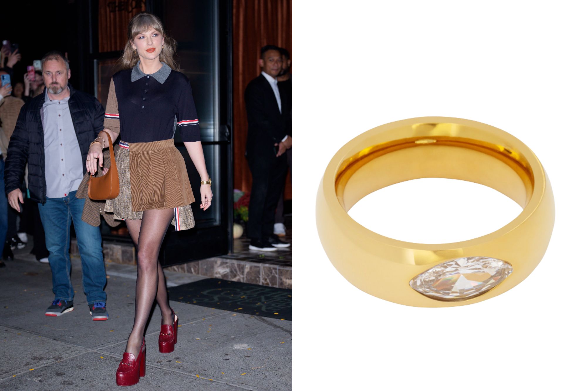 An image collage containing 2 images, Image 1 shows Taylor Swift walking in New York City, Image 2 shows Gold ring with a marquise-cut diamond