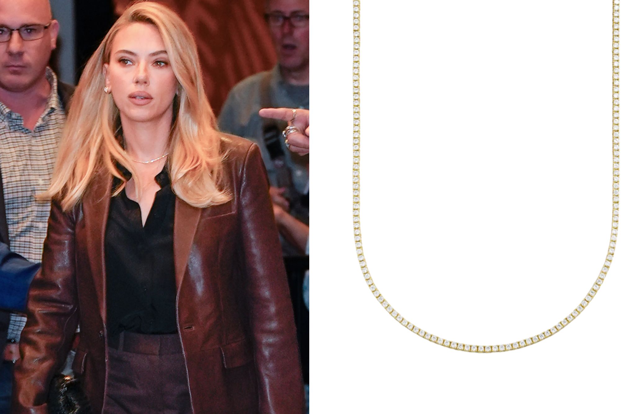 An image collage containing 2 images, Image 1 shows Scarlett Johansson walking with two security guards, one man in a suit and a plaid tie, and another man in a plaid shirt, Image 2 shows A gold-colored tennis necklace with small, round, clear stones