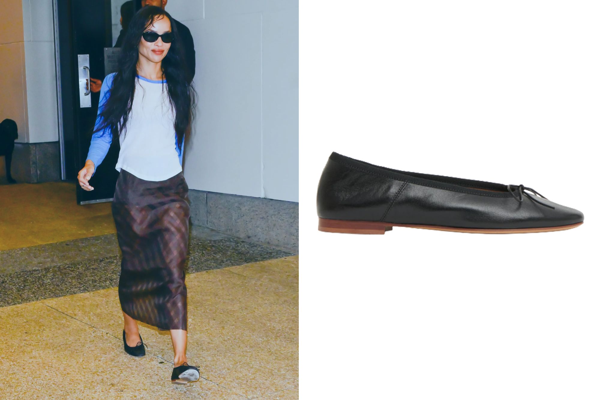 An image collage containing 2 images, Image 1 shows Zoe Kravitz walking in a white and blue long-sleeved shirt, brown patterned skirt, and black flat shoes, Image 2 shows Black leather ballet flat with a bow and brown sole