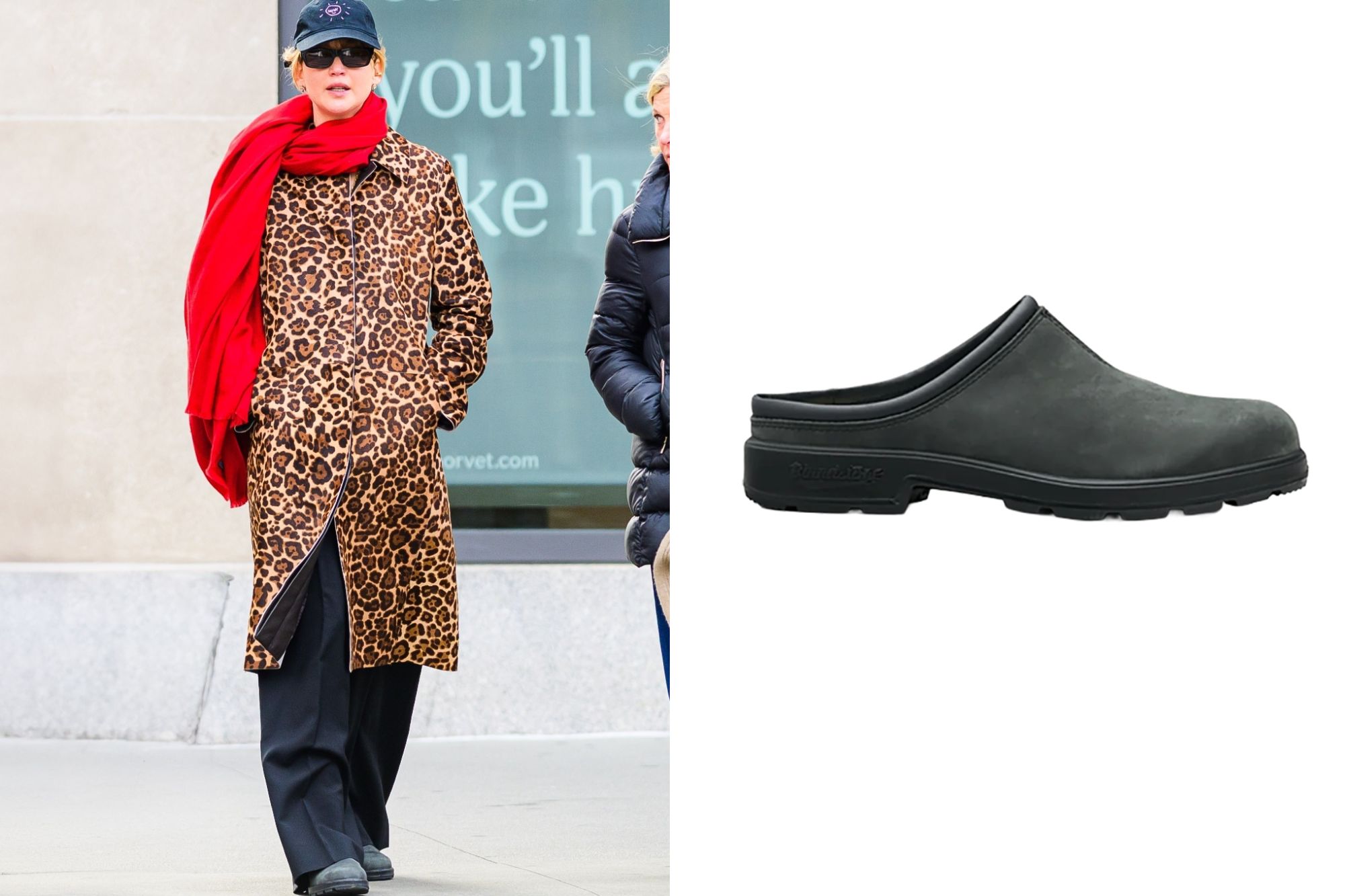 An image collage containing 2 images, Image 1 shows Jennifer Lawrence wearing a leopard print trench coat, black trousers, black baseball cap, sunglasses, and a red scarf, Image 2 shows Blundstone clog, dark gray