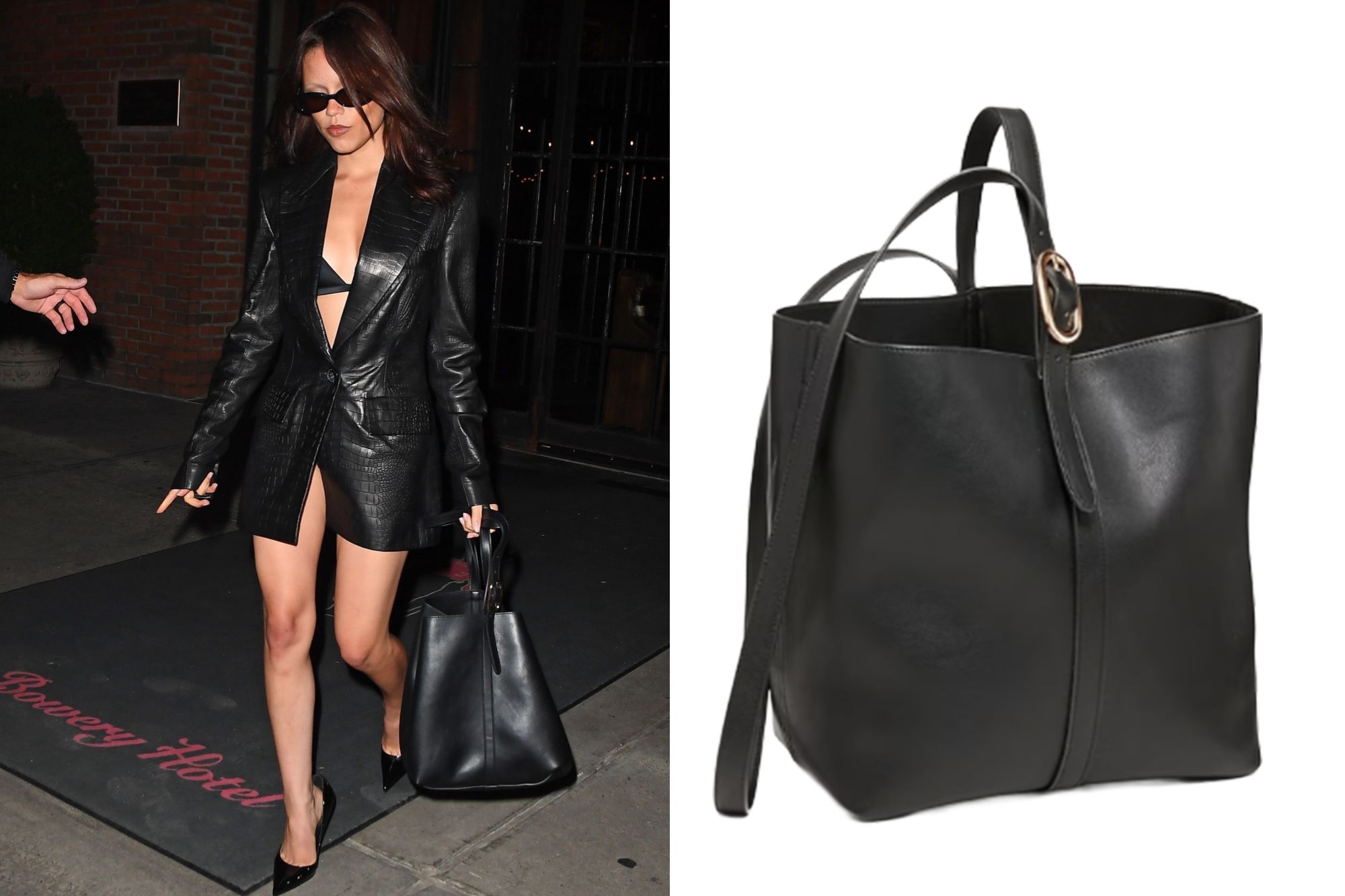 An image collage containing 2 images, Image 1 shows Jenna Ortega walking in a black crocodile-embossed leather jacket, sunglasses, and a black handbag, Image 2 shows Black tote bag with a long shoulder strap and a gold-colored buckle