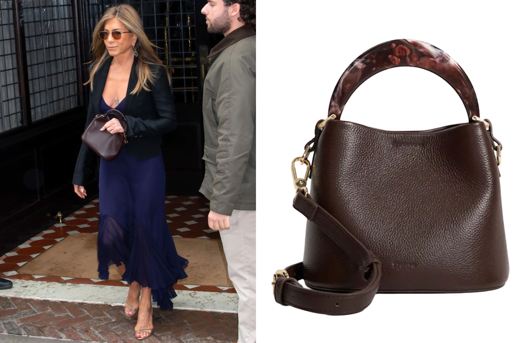 An image collage containing 2 images, Image 1 shows Jennifer Aniston arriving at The Late Show with Stephen Colbert, Image 2 shows Brown leather handbag with a mottled dark red and brown handle