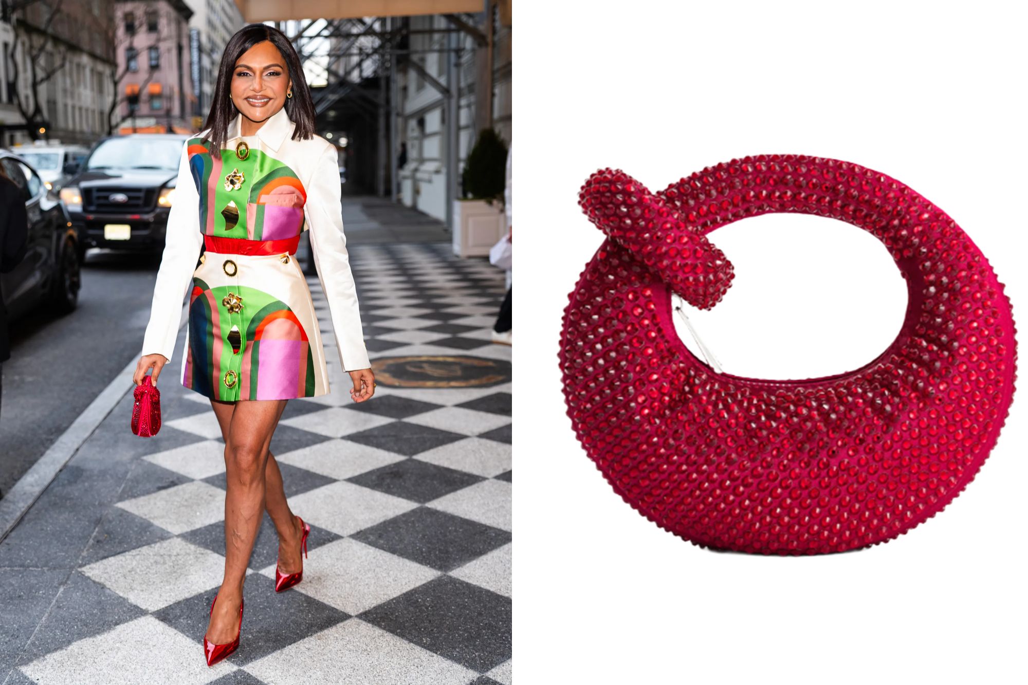 An image collage containing 2 images, Image 1 shows Mindy Kaling in a colorful patterned dress with a red belt and red heels, Image 2 shows JW PEI red crystal bag