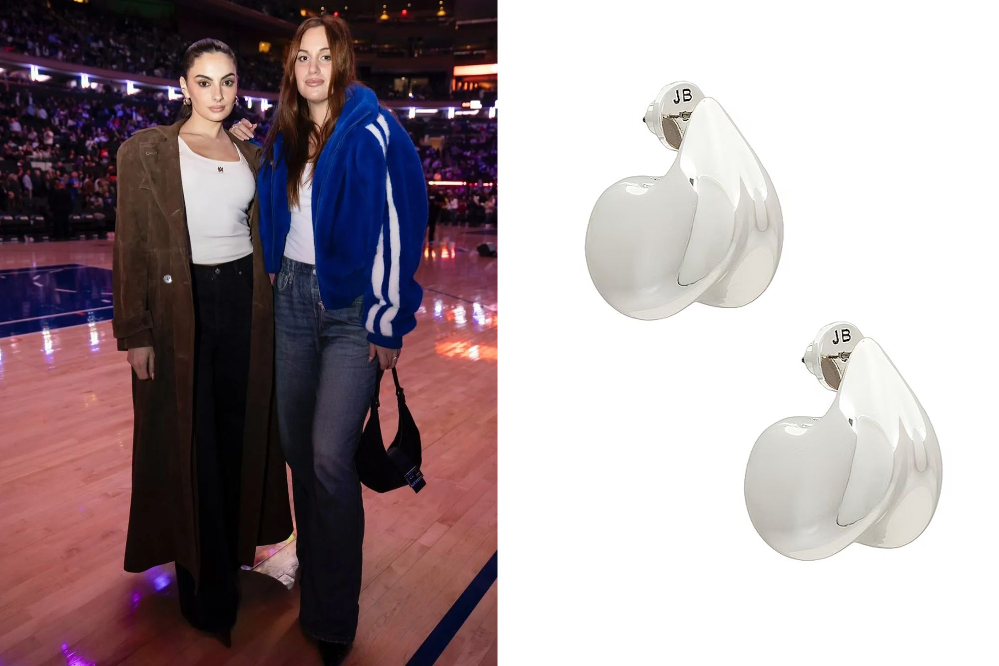 An image collage containing 2 images, Image 1 shows Paige DeSorbo and Hannah Berner at a basketball game, Image 2 shows Two Jenny Bird silver knot earrings