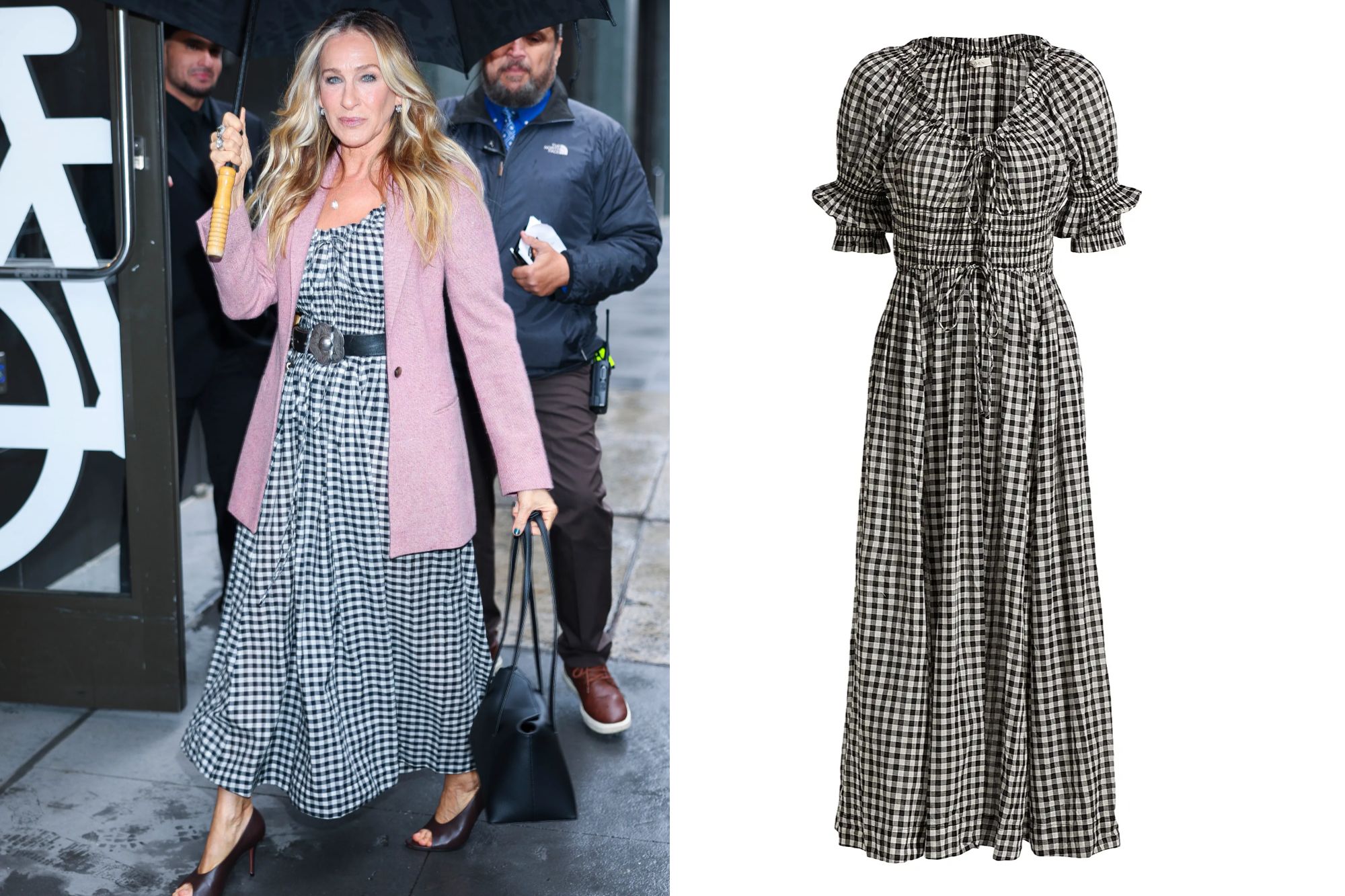 An image collage containing 2 images, Image 1 shows Sarah Jessica Parker arriving at "The View" with an umbrella, Image 2 shows Gingham maxi dress with ruffled short sleeves and a smocked bodice
