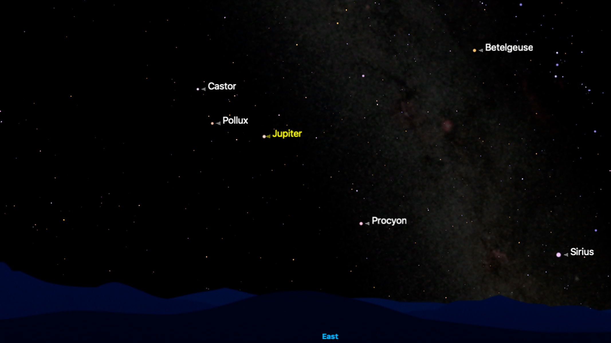 An app image of Jupiter's location in regards to other stars.
