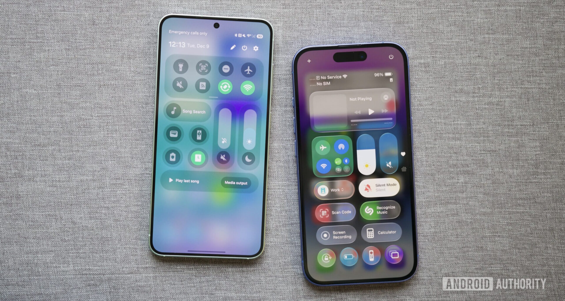 Quick Settings on a Samsung phone with One UI 8.5, next to an iPhone showing the Control Center in iOS 26.