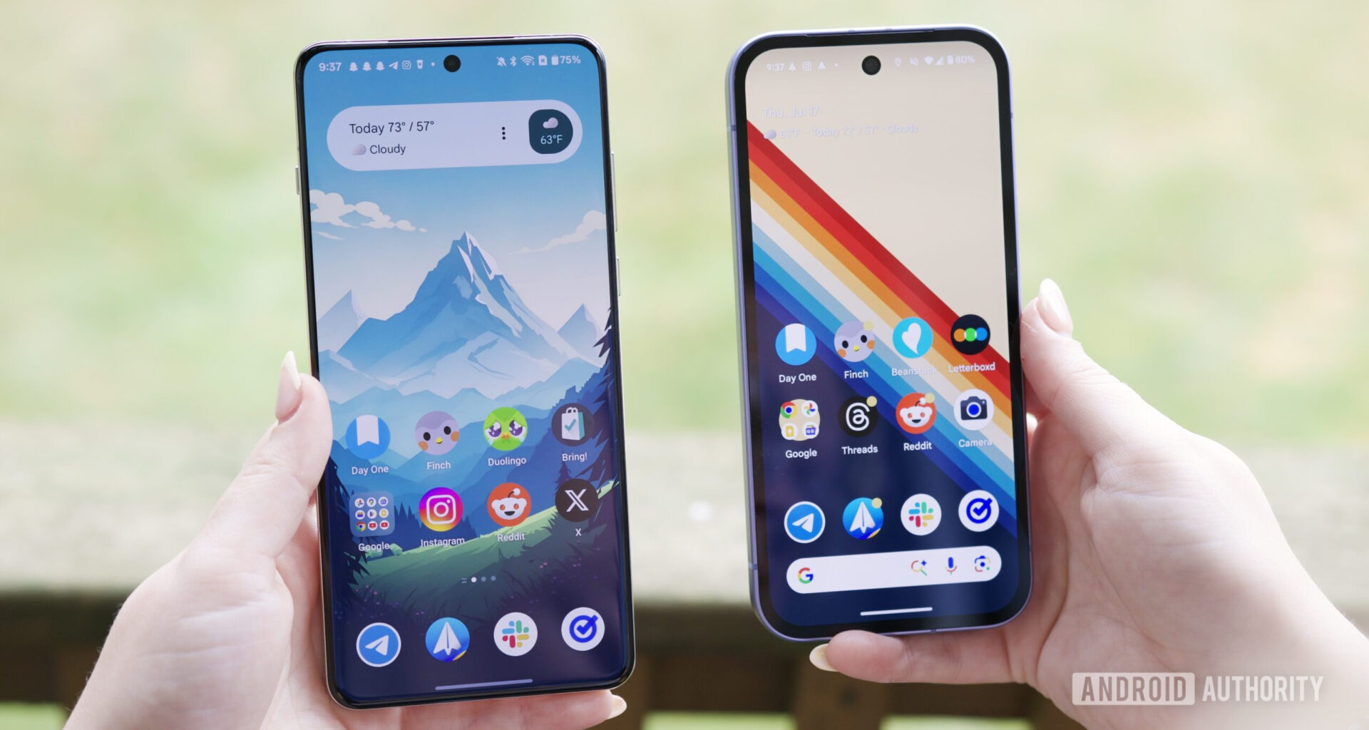 Someone holding a OnePlus 13 and Google Pixel 9a next to each other.