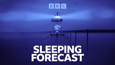 Key art for the Sleeping Forecast. A person holding an umbrella walks along a jetty towards a lighthouse. It’s nighttime and the lamp of the lighthouse illuminates a deep blue sky over the sea. ‘Sleeping Forecast’ is written in bold, white text at the bottom of the image. 