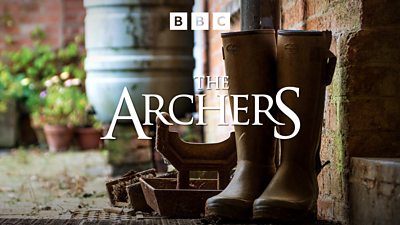 Artwork for The Archers featuring a photo of wellington boots beside the door to a house. 