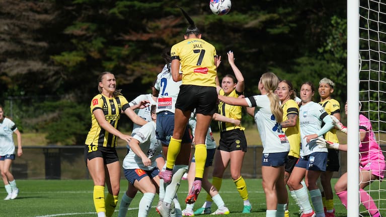 Phoenix Grace Jale (Top) heads the ball into the goal during the A-League Women - Wellington Phoenix FC v Sydney FC at Porirua Park, Wellington.
