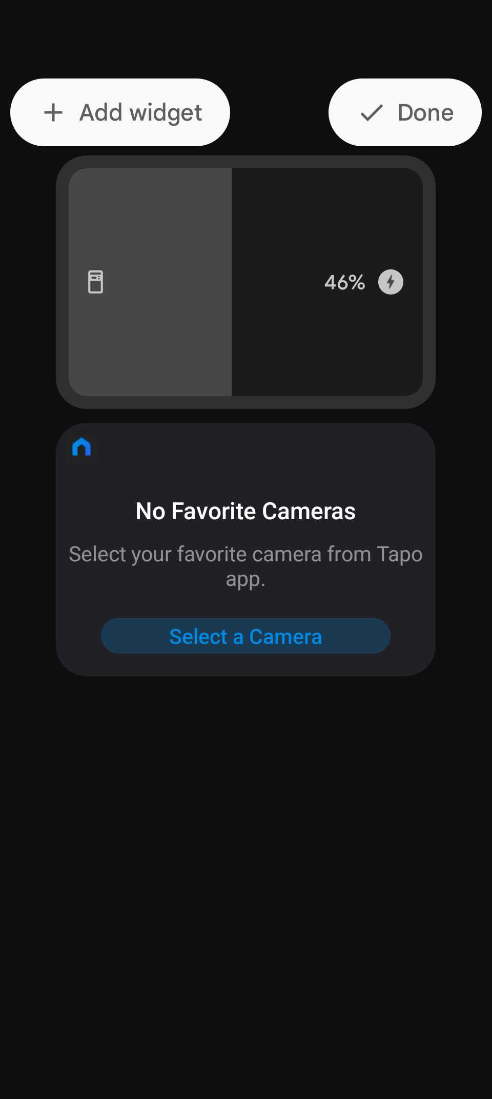 Add widget screen showing battery widget preview and Tapo camera prompt