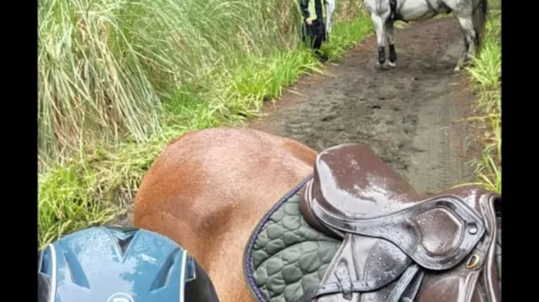 Rachel and Liz, the women who found Scooter, leading him out. Photo: Supplied