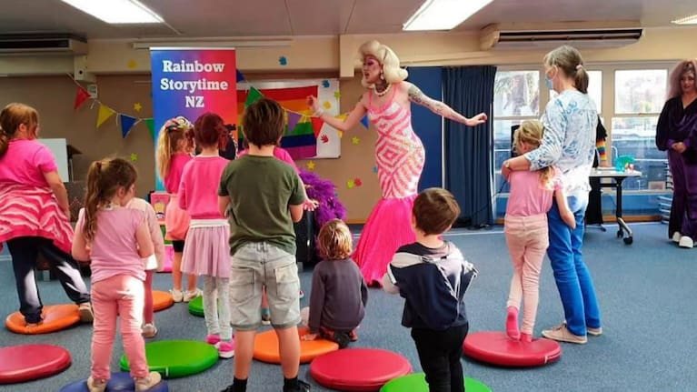 Drag queens Erika and Coco Flash at a Drag Story Hour in 2024. 