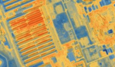 An orange, yellow, and blue heat image showing rows of orange heated architecture in the middle of an urbanized area.