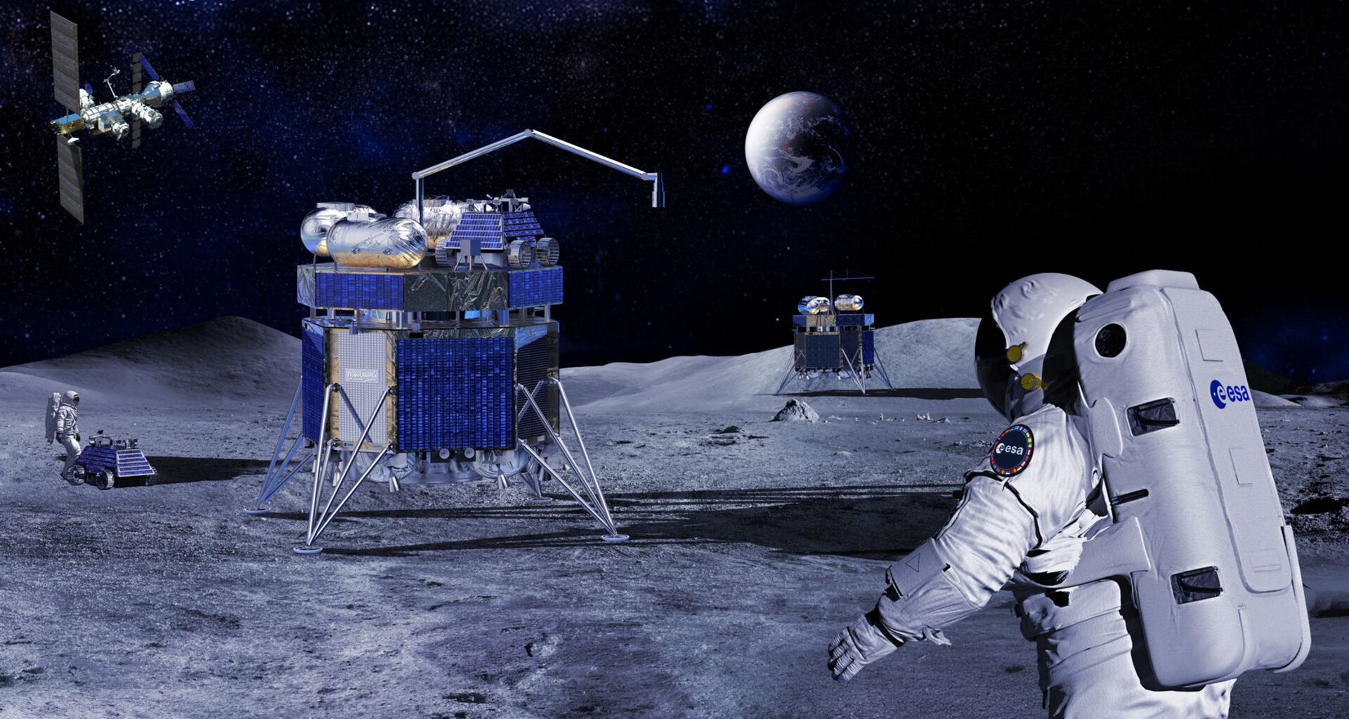 An illustration of a moon rover near an astronaut wearing a white space suit on the moon