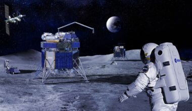 An illustration of a moon rover near an astronaut wearing a white space suit on the moon