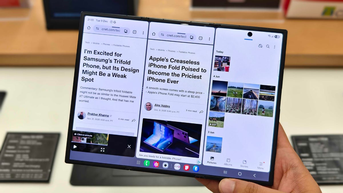 Samsung Galaxy Z TriFold running three apps side by side.