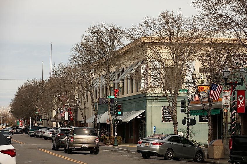 Downtown buildings in the town of Los Banos, California.