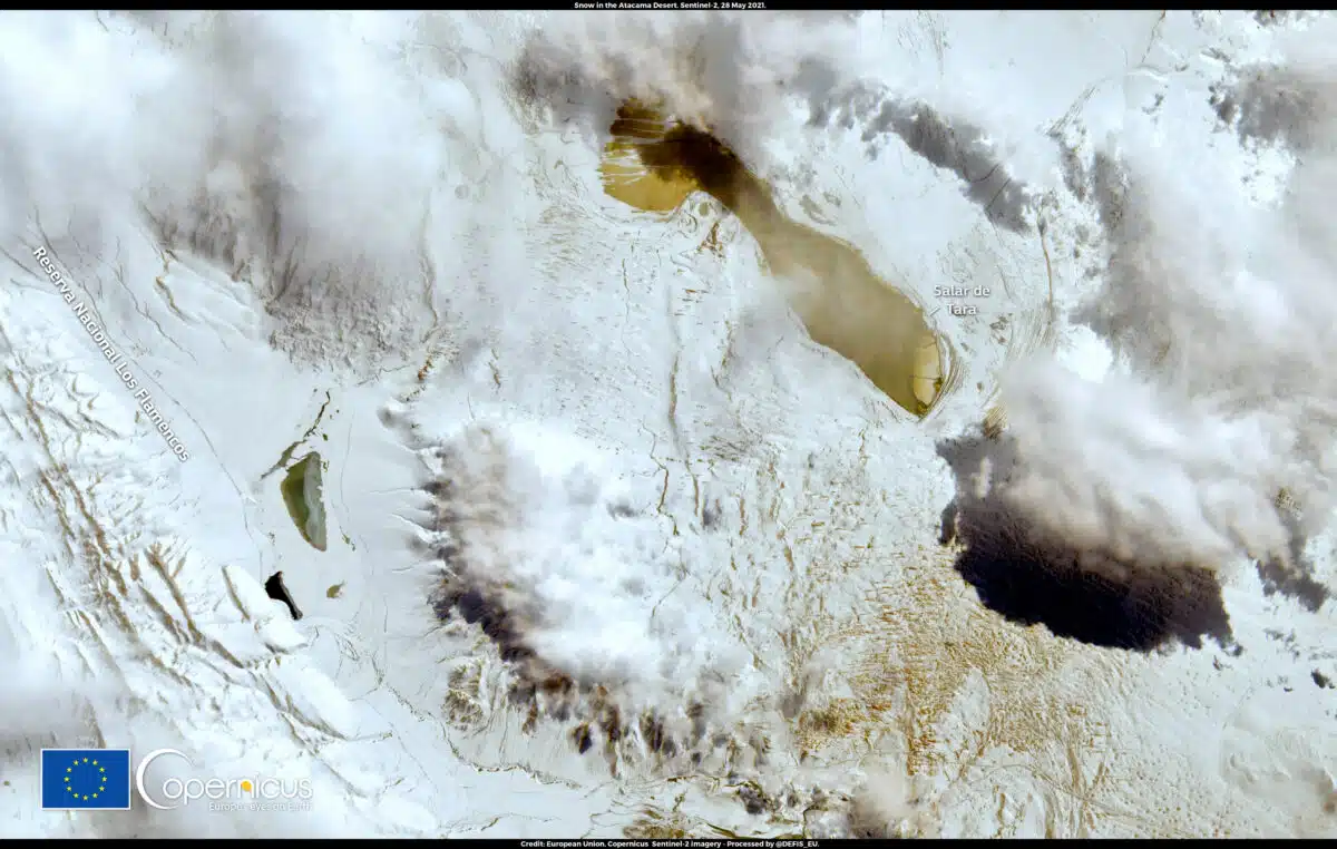 Snow Blanketing The Los Flamencos National Reserve In The Atacama Desert In Chile