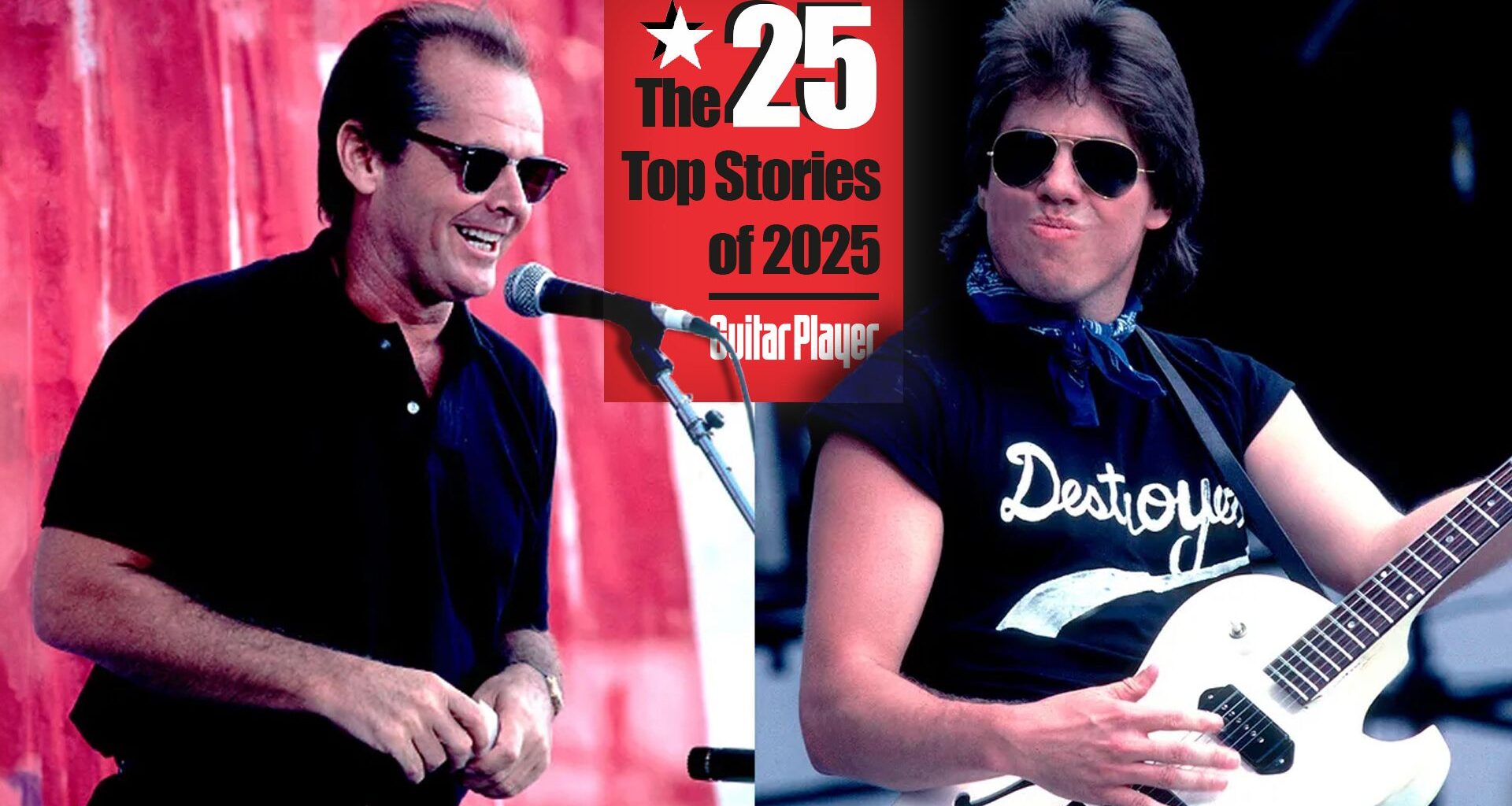 LEFT: American actor Jack Nicholson onstage at the Live Aid benefit concert, Philadelphia, Pennsylvania, July 13, 1985. RIGHT: American Blues and rock musician George Thorogood performs onstage during the Live Aid benefit concert at Veteren's Stadium, Philadelphia, Pennsylvania, July 13, 1985.