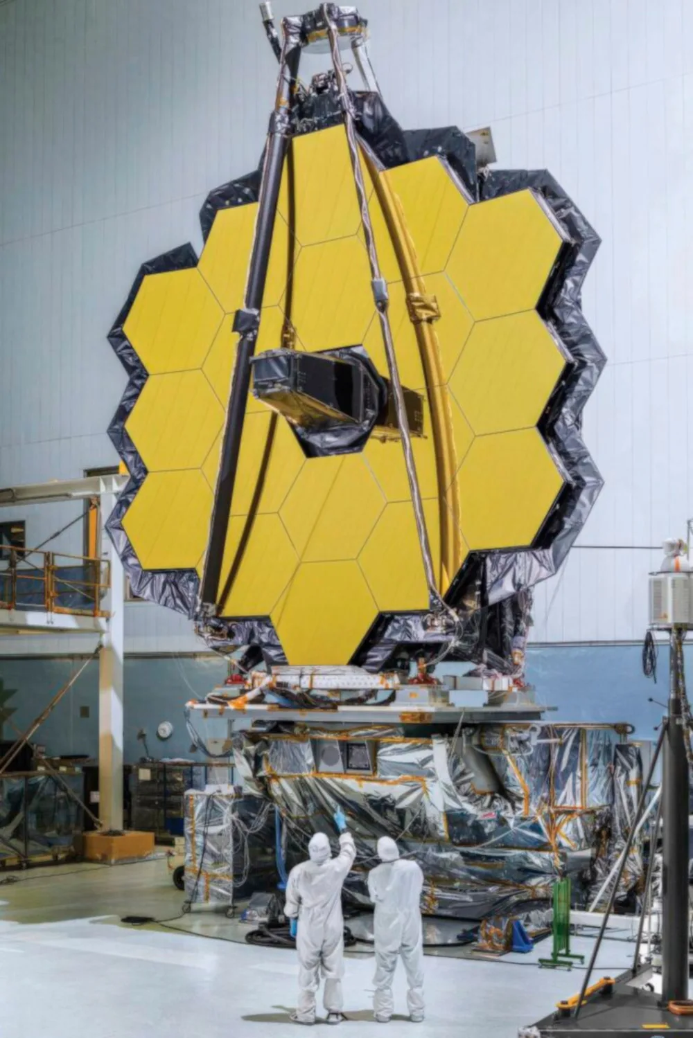 The primary mirror of the James Webb Space Telescope undergoing assembly and testing, prior to its launch on 25 December 2021