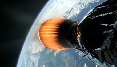 A close up of SpaceX's Falcon 9 rocket from space, showing its glowing tail floating above Earth