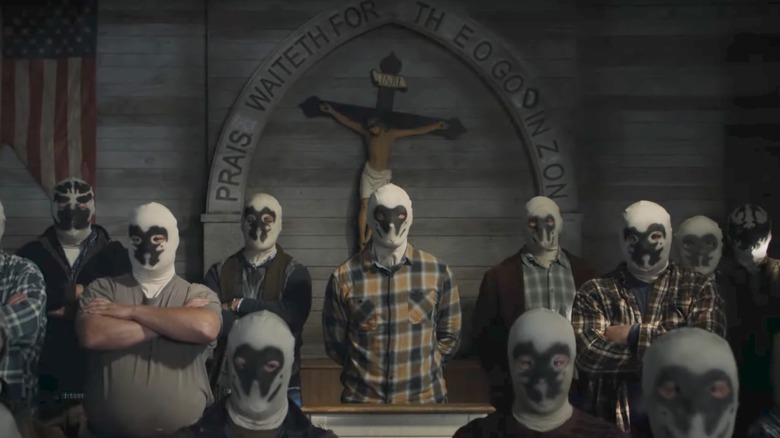 Men in Rorschach masks standing together on Watchmen