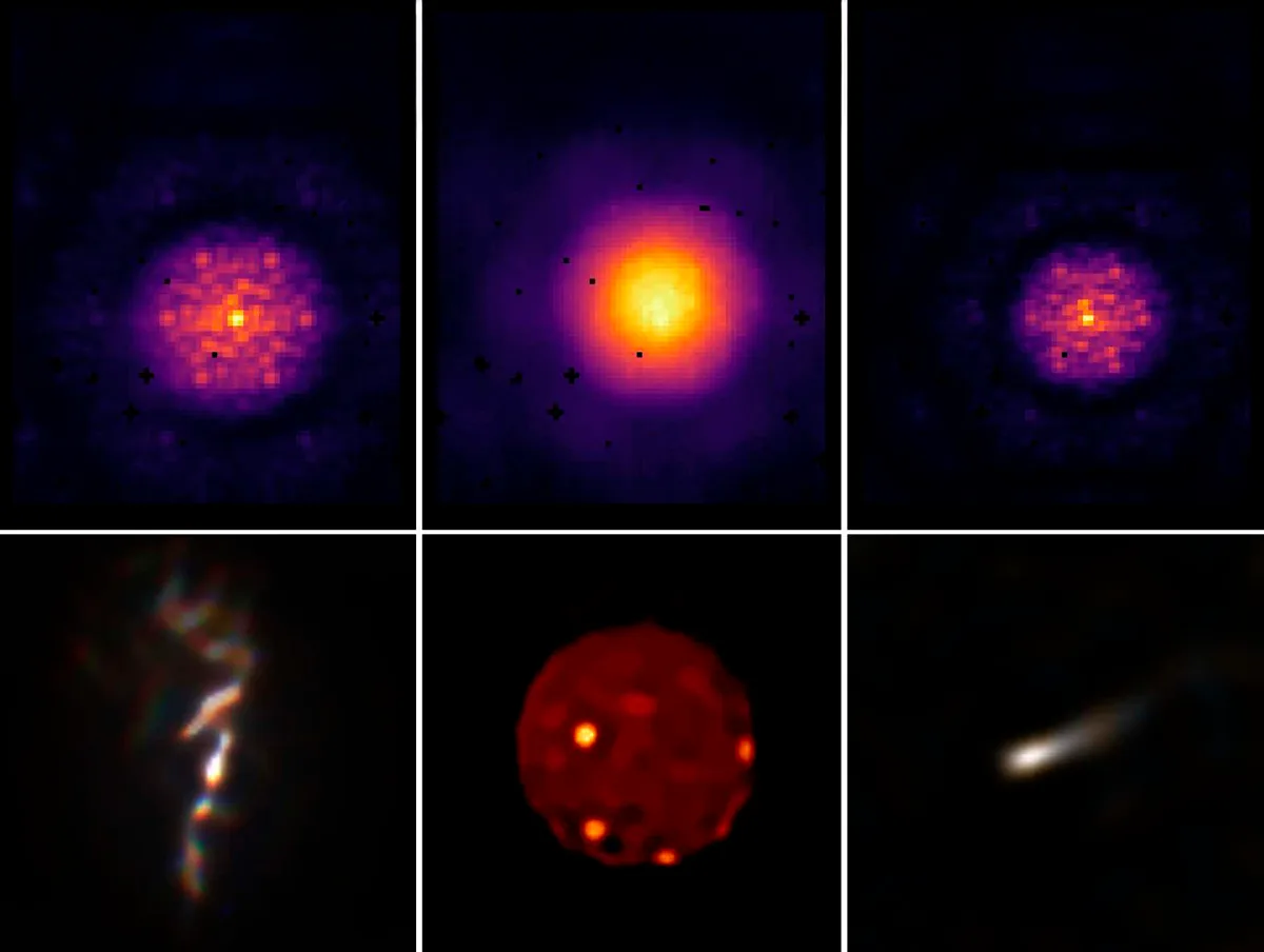 Top from left: unprocessed images of NGC 1068, moon Io and star WR 137. Bottom: ‘deblurred’ images after using algorithms developed by Louis Desdoigts and Max Charles. Credit: University of Sydney, max charles, Dr Louis Desdoigts