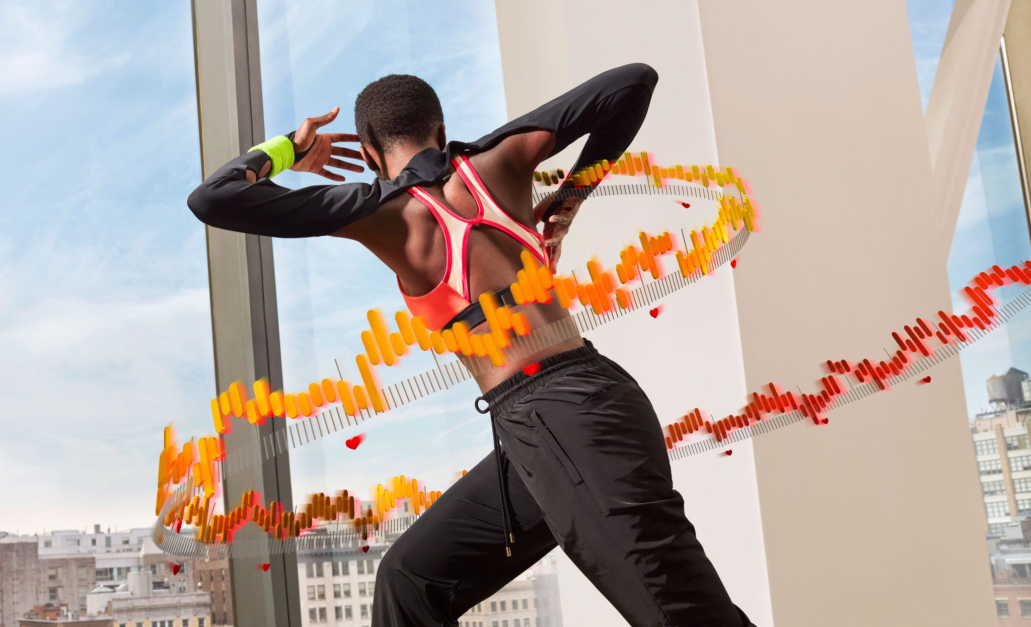 a person performing an energetic dance move with visual soundwave effects a person performing an energetic dance move with visual soundwave effects