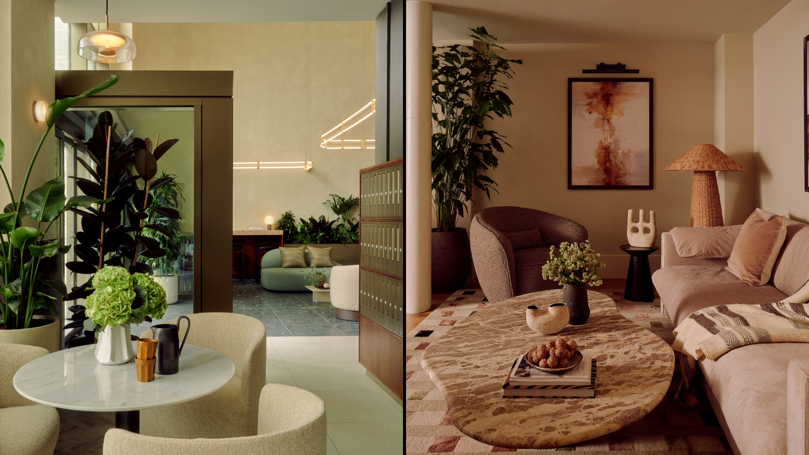 Two interior views of a modern living area with plants, couches, and coffee tables.