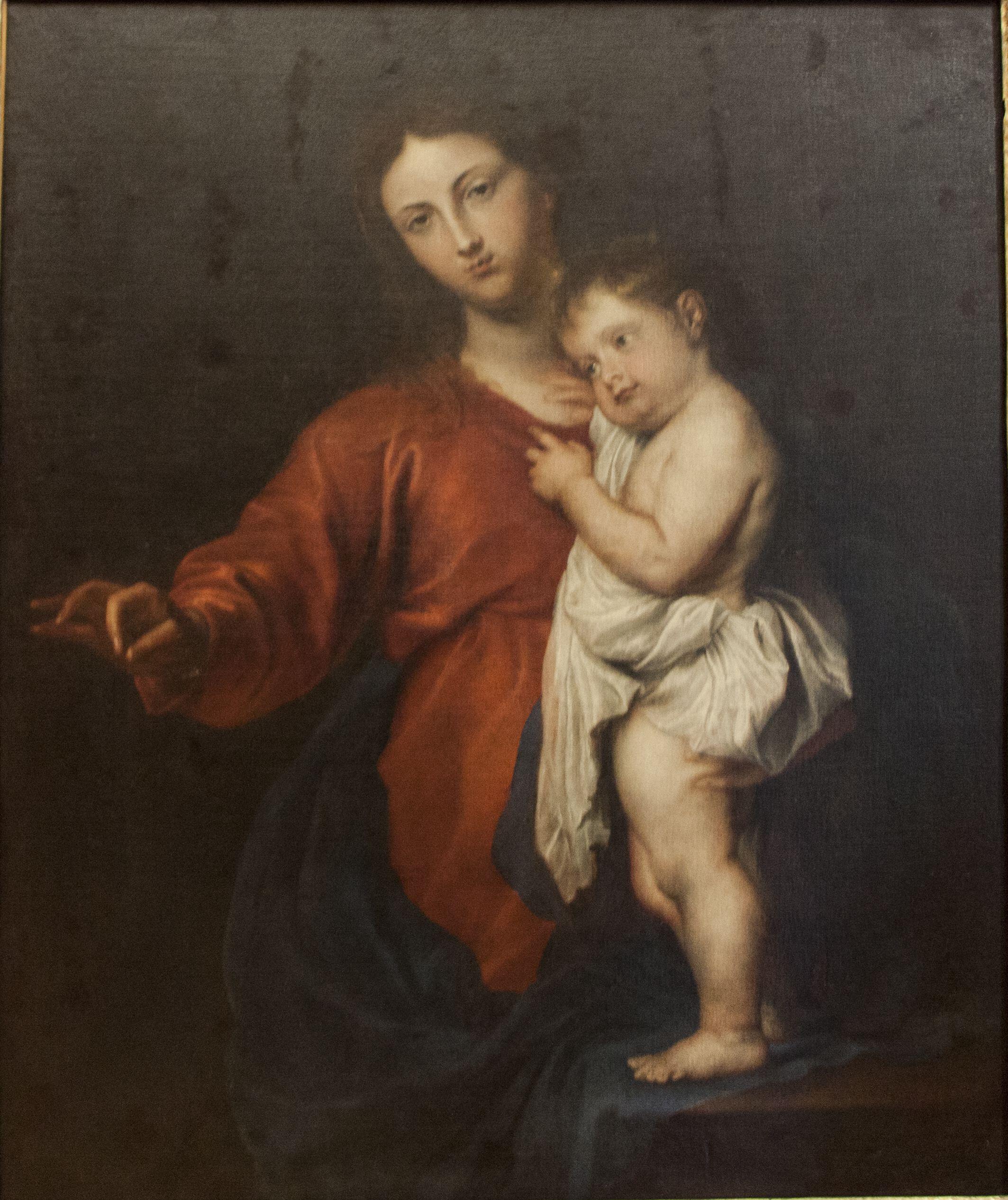 Painting titled "Madonna of the Rosary" by Anthony van Dyck, depicting Mary holding baby Jesus.