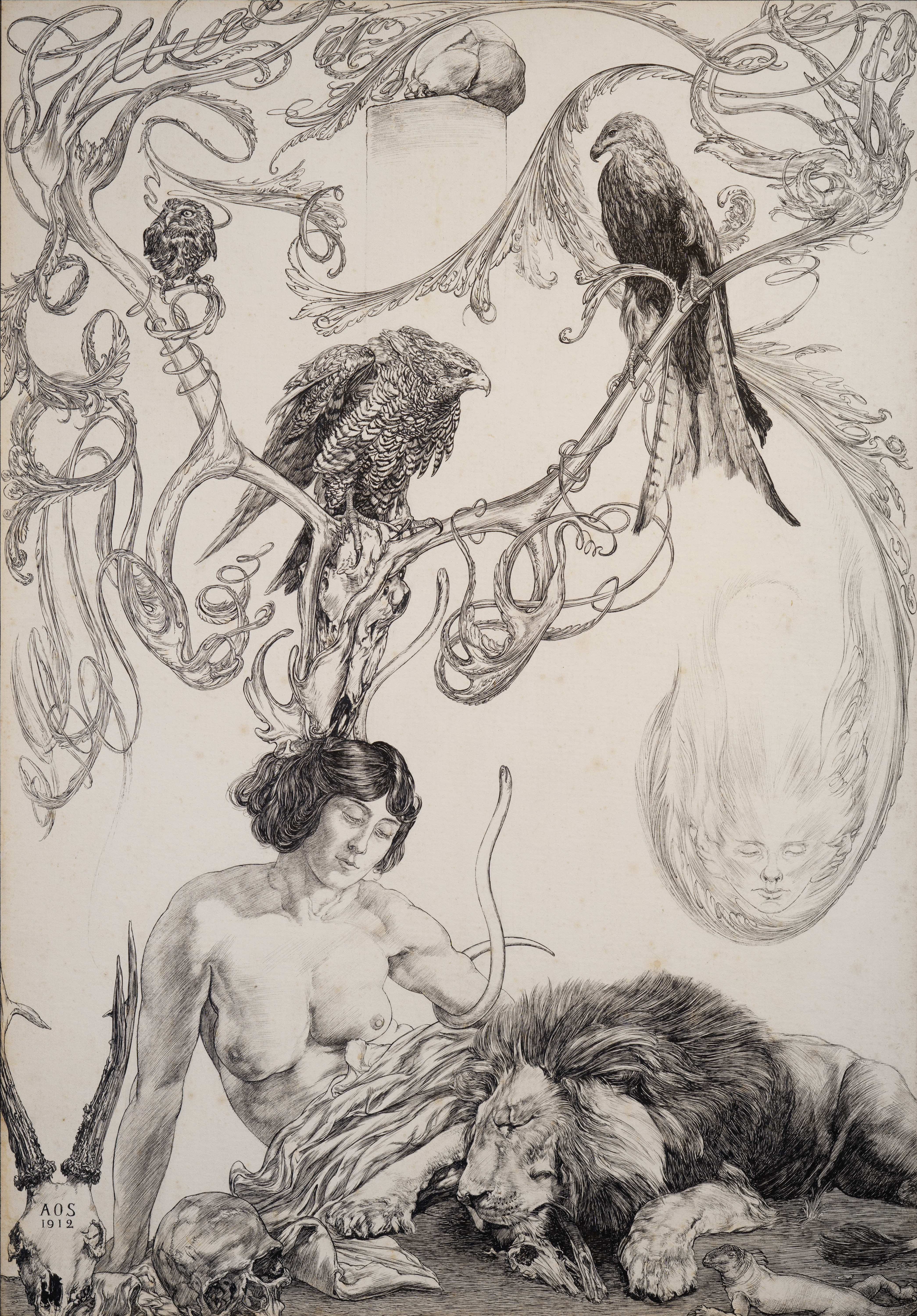 Illustration of a naked woman with a snake, a sleeping lion, skulls, eagles perched on antlers, and a floating face in the top right.