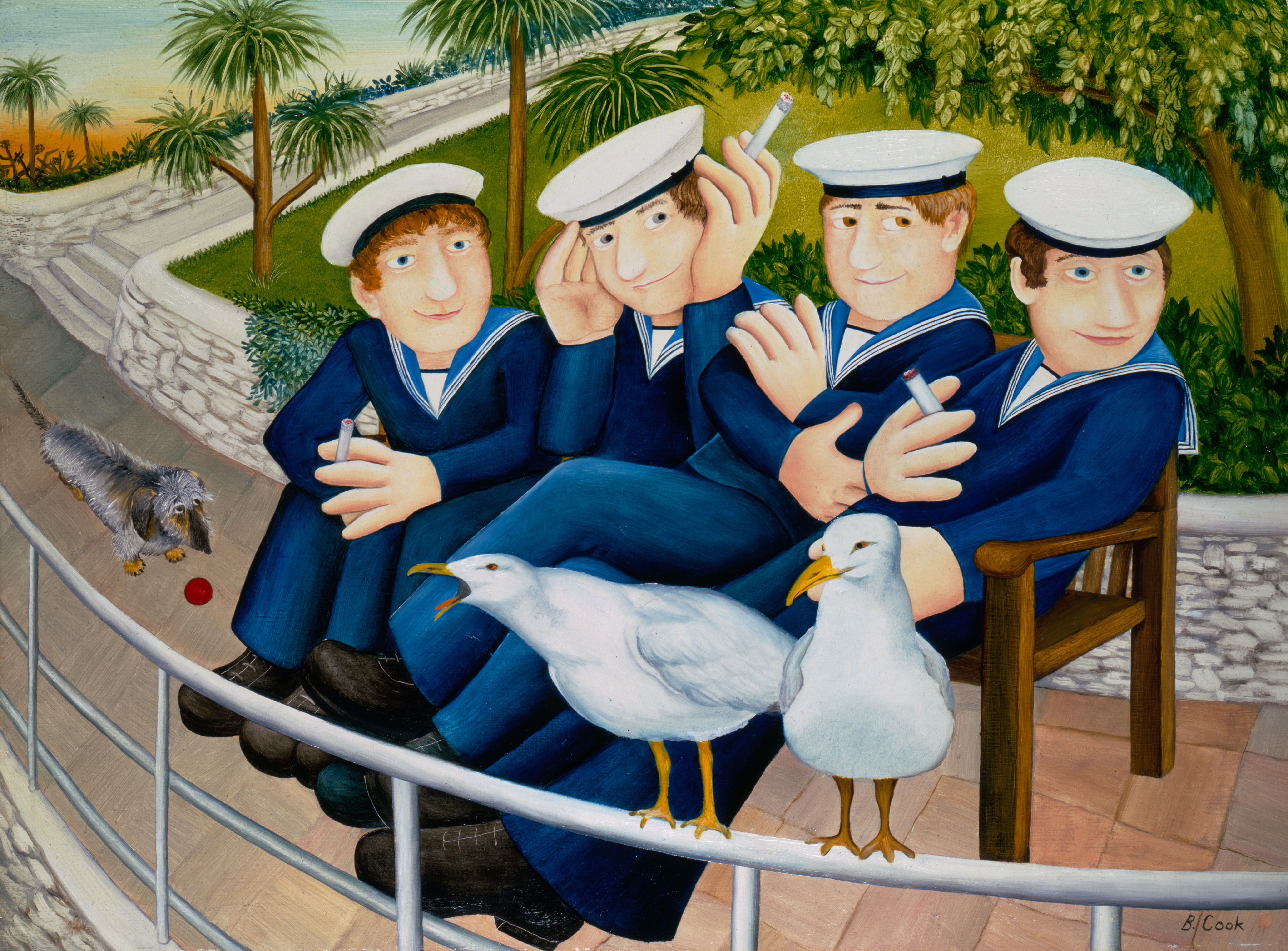 Illustration of four male sailors in blue uniforms sitting on a bench, with two seagulls on the railing in front of them, and a dog next to a red ball.