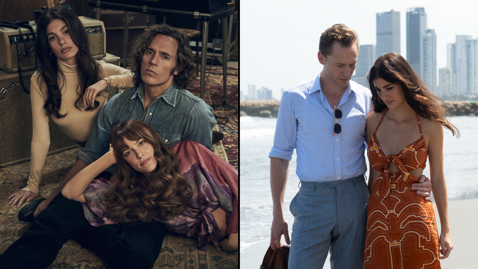 Collage of Camila Morrone with Sam Claflin and Riley Keough in Daisy Jones & the Six, and with Tom Hiddleston in The Night Manager.