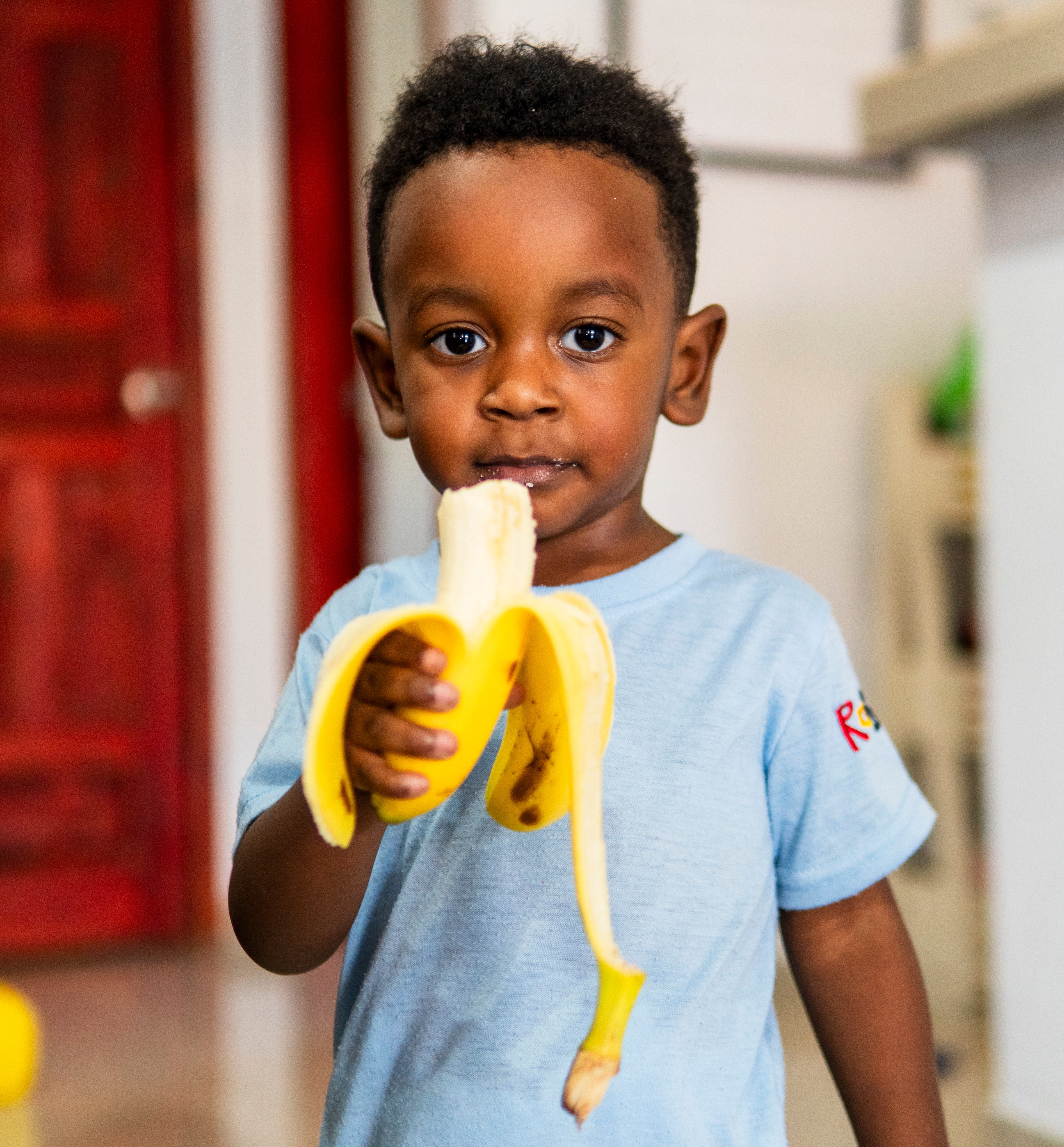 A little boy in a light blue shirt eats a banana at home.