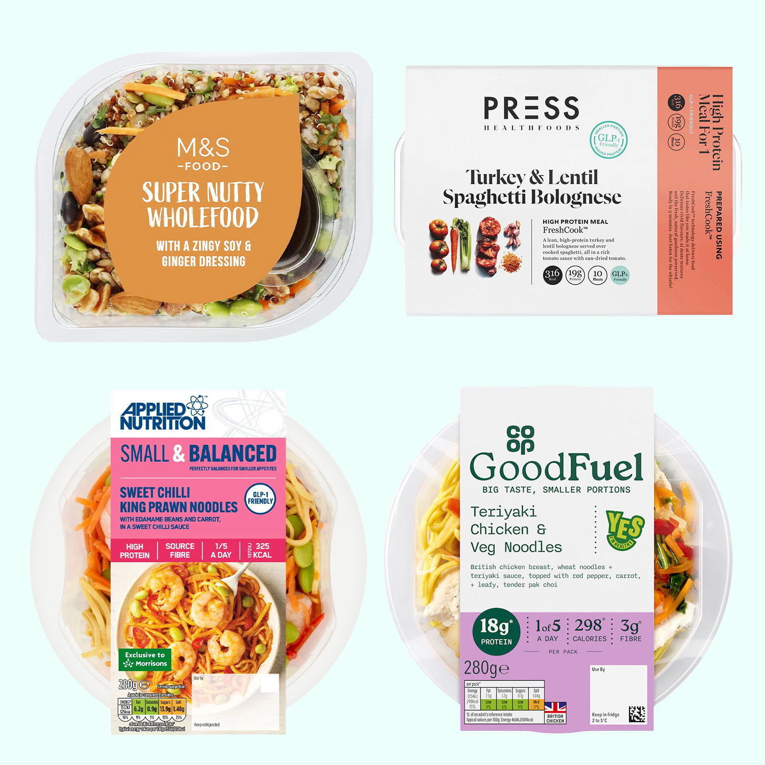 Collage of four healthy prepared meals: M&S Super Nutty Wholefood, Press Healthfoods Turkey & Lentil Spaghetti Bolognese, Applied Nutrition Sweet Chilli King Prawn Noodles, and Co-op GoodFuel Teriyaki Chicken & Veg Noodles.